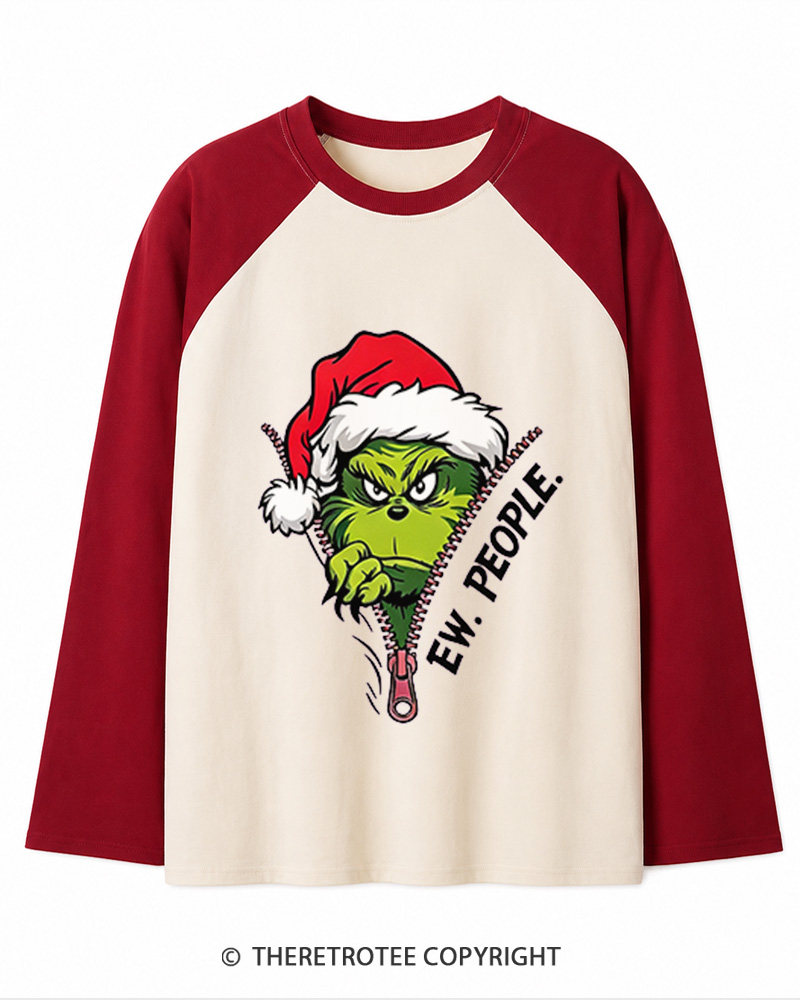 TheRetroTee Ew People Grinch 1960s Christmas Long Sleeve Raglan T-Shirt