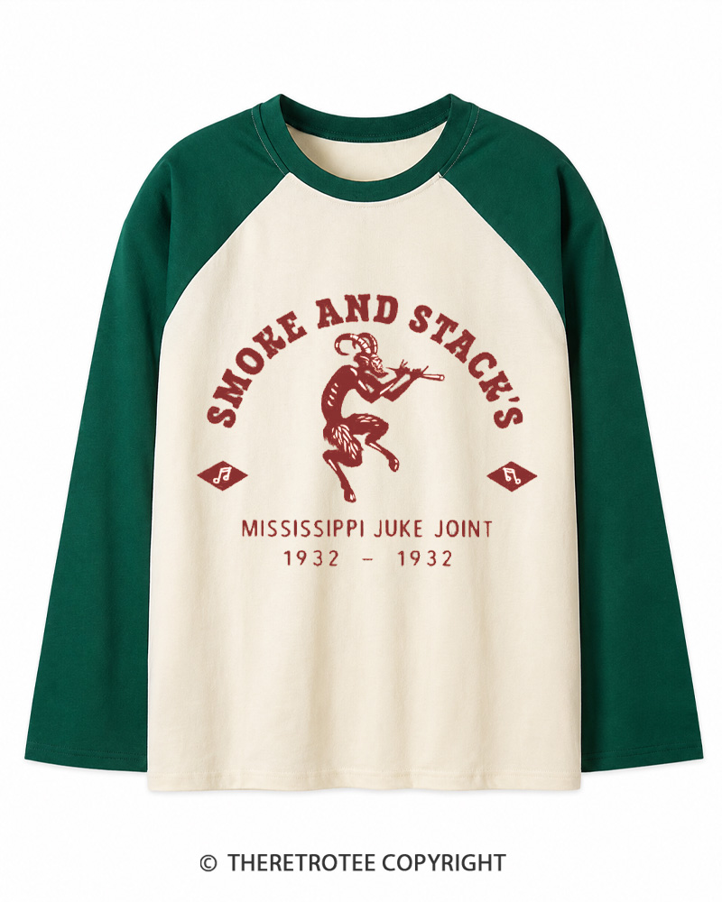 TheRetroTee Smoke & Stack's Juke Joint 1930s Long Sleeve Raglan T-Shirt
