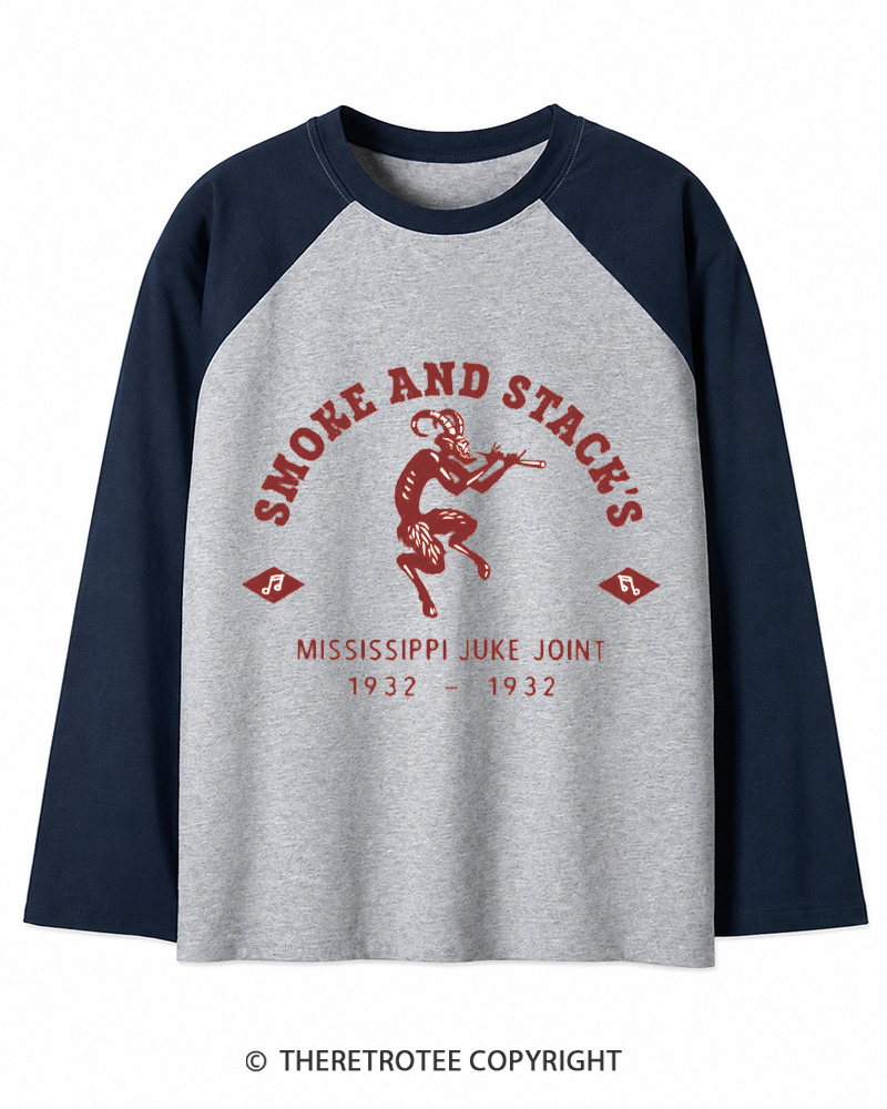 TheRetroTee Smoke & Stack's Juke Joint 1930s Long Sleeve Raglan T-Shirt