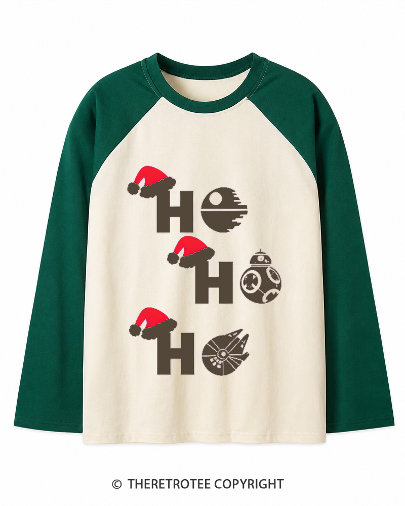 TheRetroTee Ho Ho Ho 1980s Christmas Long Sleeve Raglan T-Shirt