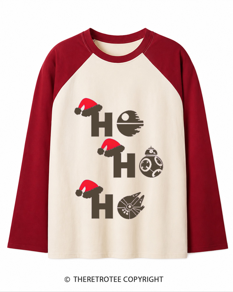 TheRetroTee Ho Ho Ho 1980s Christmas Long Sleeve Raglan T-Shirt