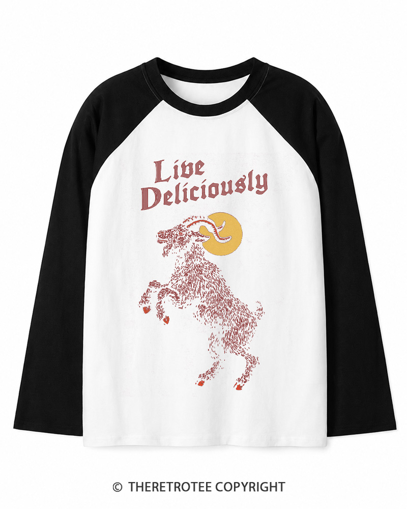 TheRetroTee Live Deliciously 1990s Long Sleeve Raglan T-Shirt