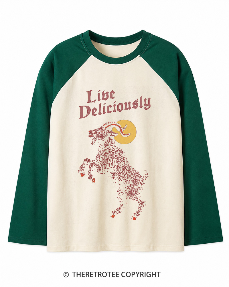 TheRetroTee Live Deliciously 1990s Long Sleeve Raglan T-Shirt