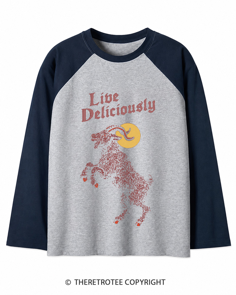 TheRetroTee Live Deliciously 1990s Long Sleeve Raglan T-Shirt