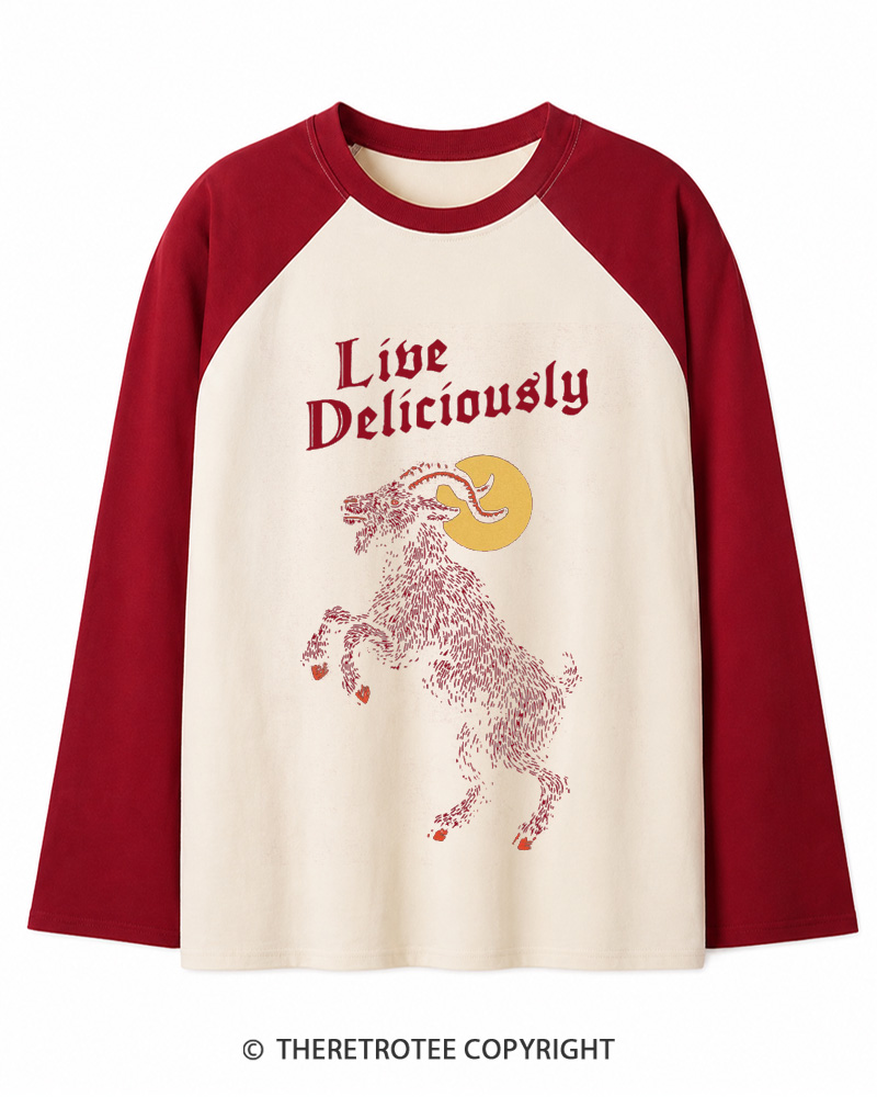 TheRetroTee Live Deliciously 1990s Long Sleeve Raglan T-Shirt