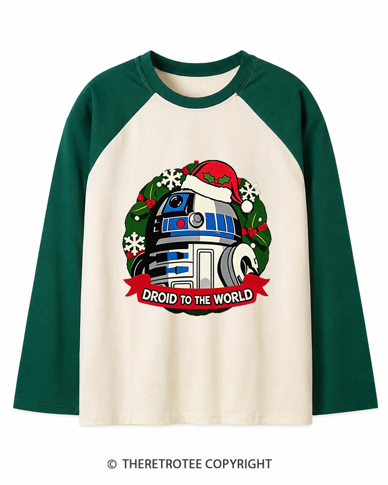 TheRetroTee Joy to the World 1970s Christmas Long Sleeve Raglan T-Shirt