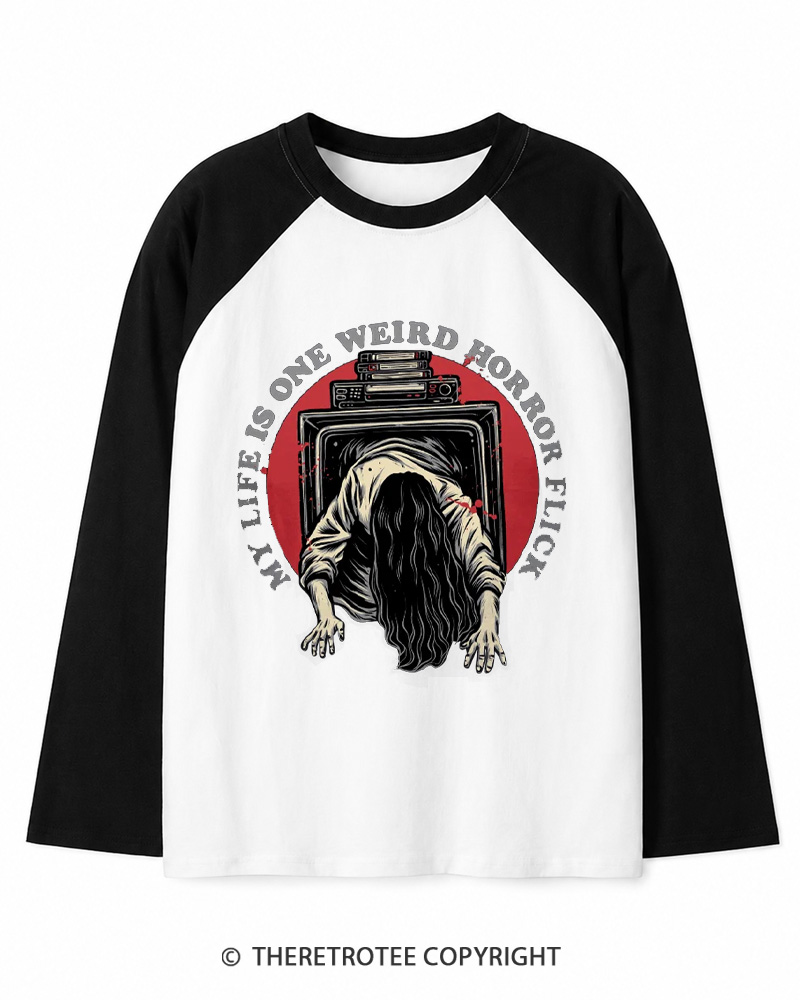 TheRetroTee My Life Is One Weird Horror Flick 1980s Long Sleeve Raglan T-Shirt