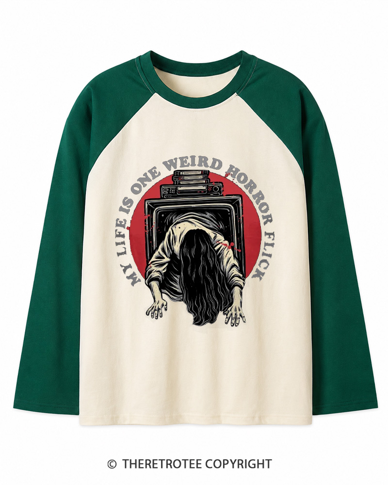 TheRetroTee My Life Is One Weird Horror Flick 1980s Long Sleeve Raglan T-Shirt