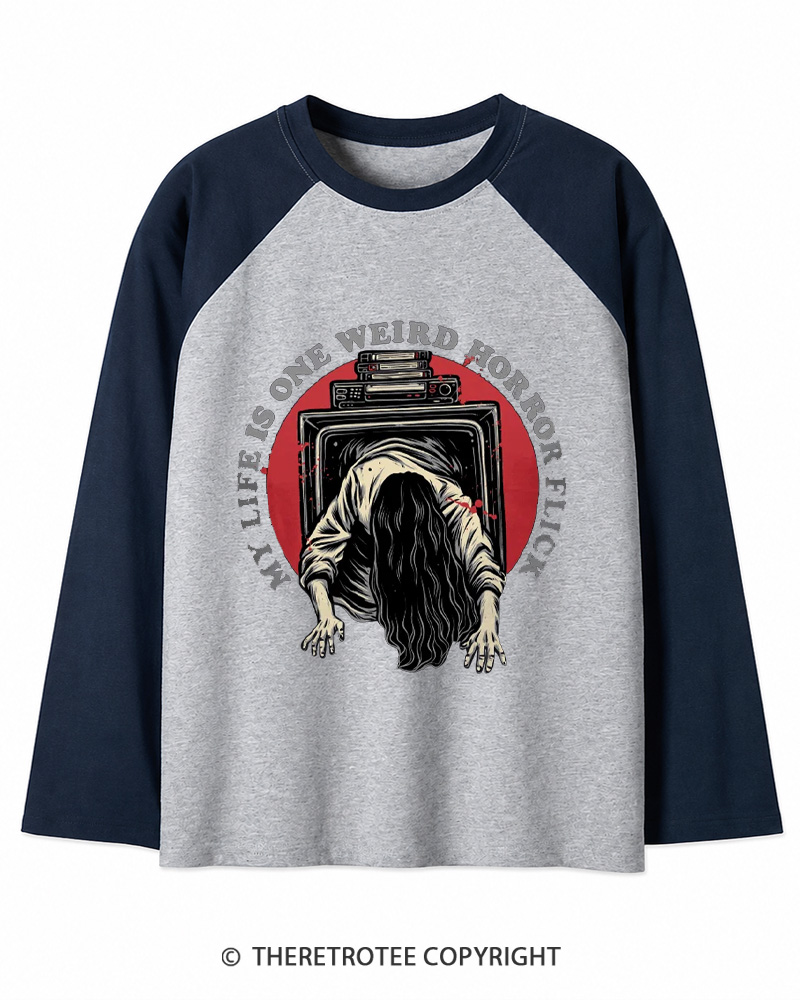 TheRetroTee My Life Is One Weird Horror Flick 1980s Long Sleeve Raglan T-Shirt