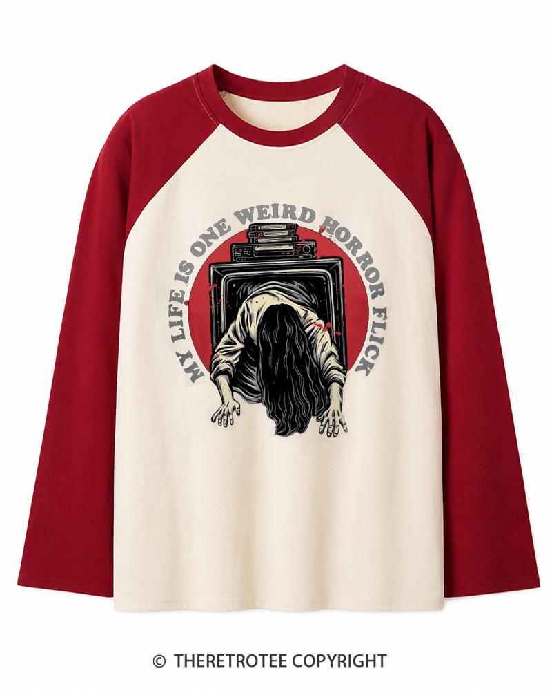 TheRetroTee My Life Is One Weird Horror Flick 1980s Long Sleeve Raglan T-Shirt