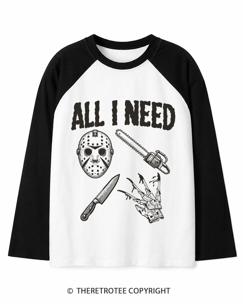 TheRetroTee All I Need Halloween 1980s Long Sleeve Raglan T-Shirt