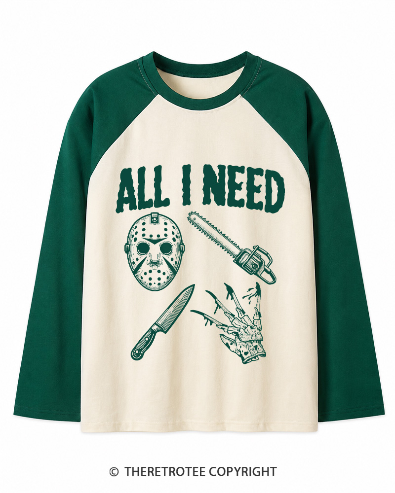 TheRetroTee All I Need Halloween 1980s Long Sleeve Raglan T-Shirt