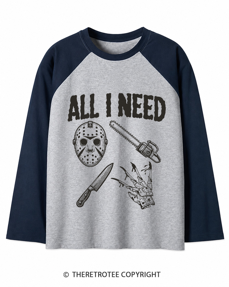 TheRetroTee All I Need Halloween 1980s Long Sleeve Raglan T-Shirt