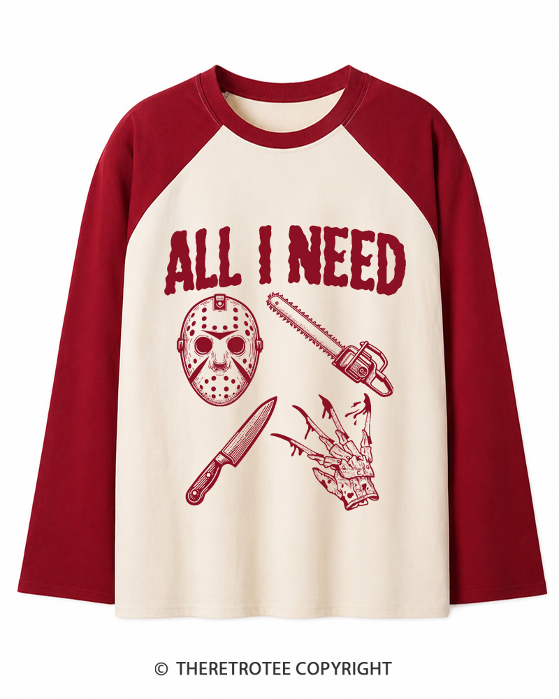 TheRetroTee All I Need Halloween 1980s Long Sleeve Raglan T-Shirt