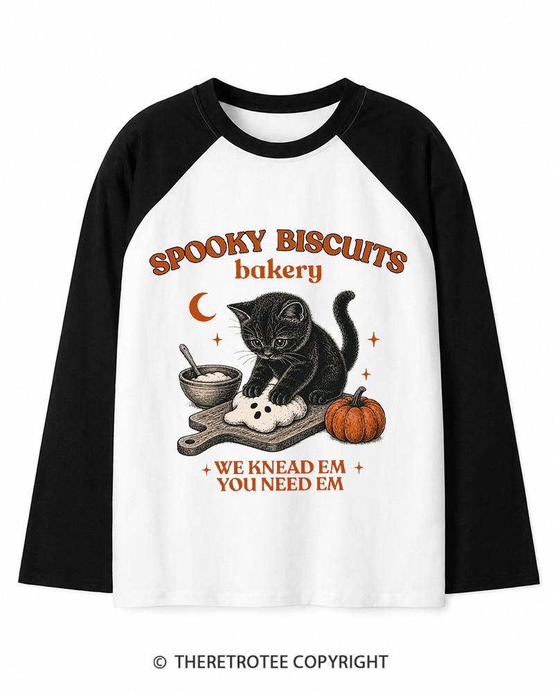 TheRetroTee Spooky Biscuits Bakery 1970s Long Sleeve Raglan T-Shirt