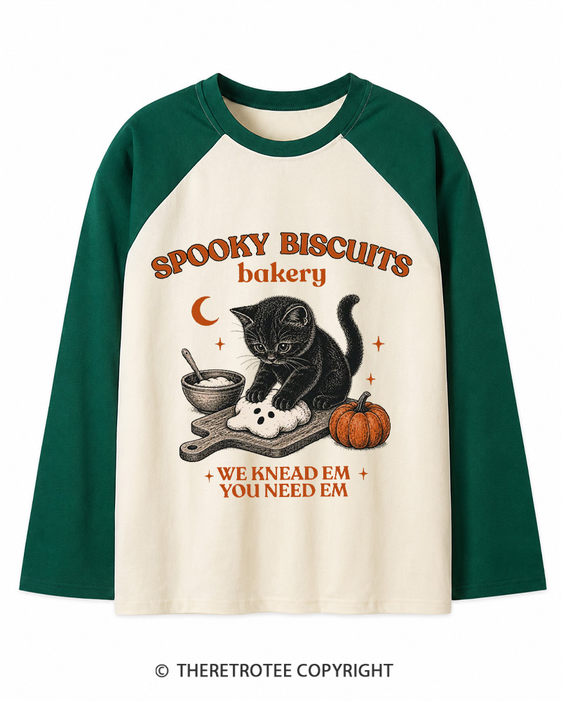 TheRetroTee Spooky Biscuits Bakery 1970s Long Sleeve Raglan T-Shirt