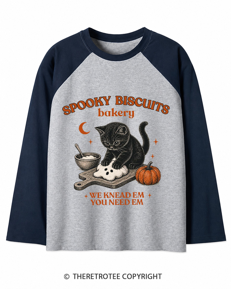TheRetroTee Spooky Biscuits Bakery 1970s Long Sleeve Raglan T-Shirt