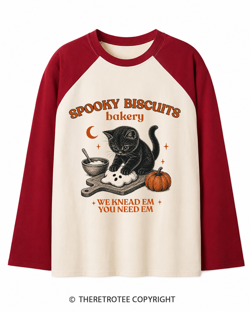 TheRetroTee Spooky Biscuits Bakery 1970s Long Sleeve Raglan T-Shirt