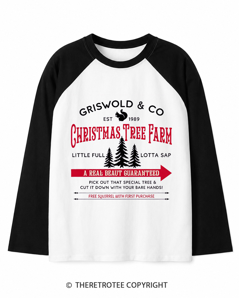 TheRetroTee Christmas Tree Farm 1980s Christmas Long Sleeve Raglan T-Shirt