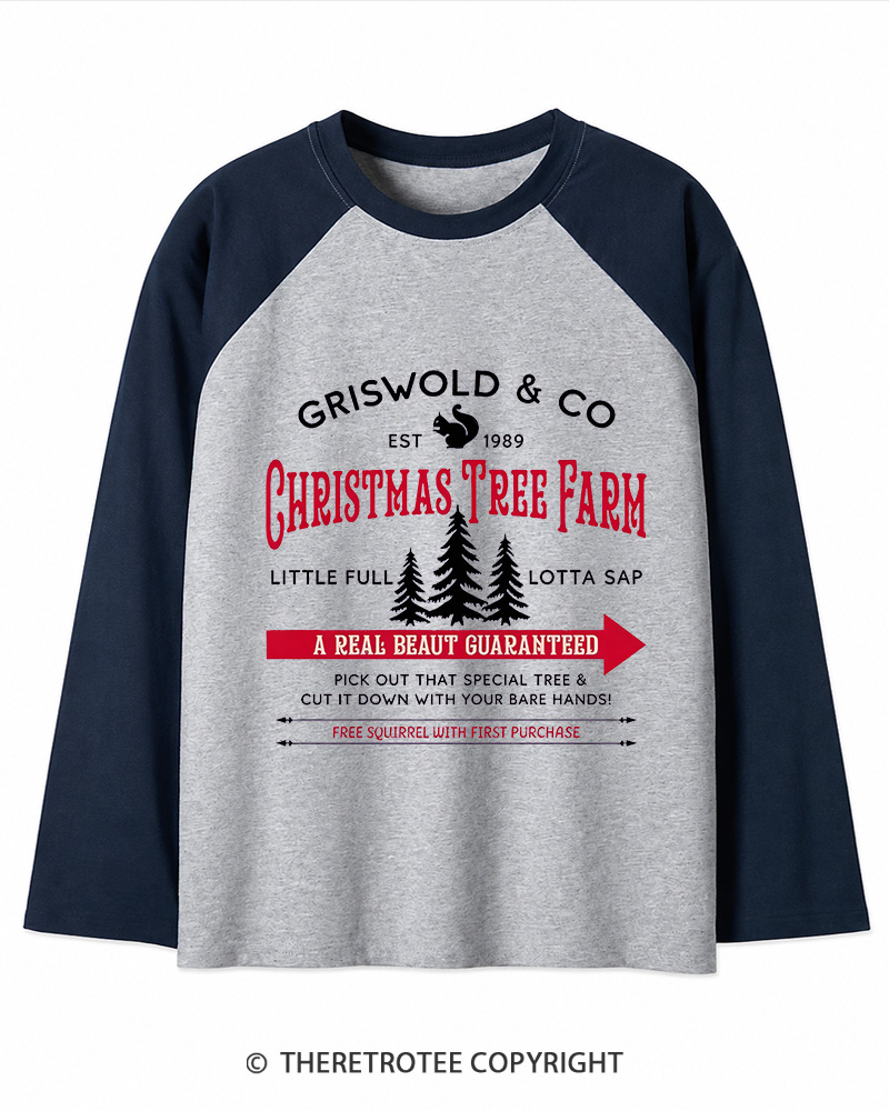 TheRetroTee Christmas Tree Farm 1980s Christmas Long Sleeve Raglan T-Shirt