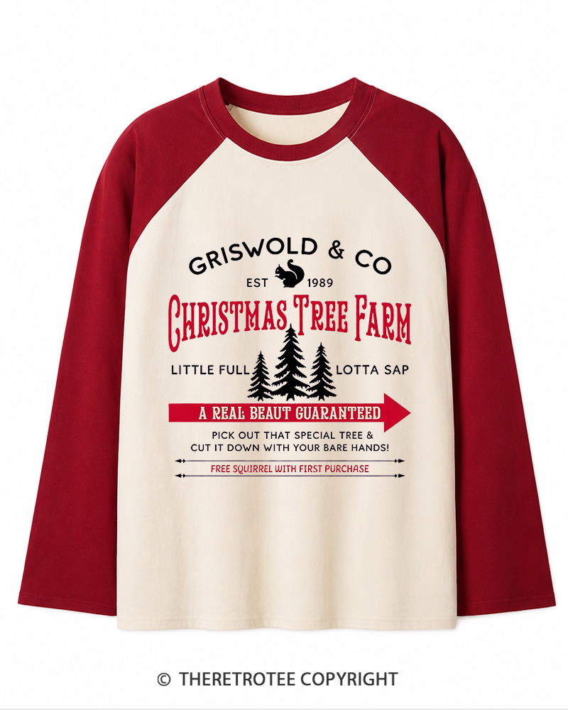 TheRetroTee Christmas Tree Farm 1980s Christmas Long Sleeve Raglan T-Shirt