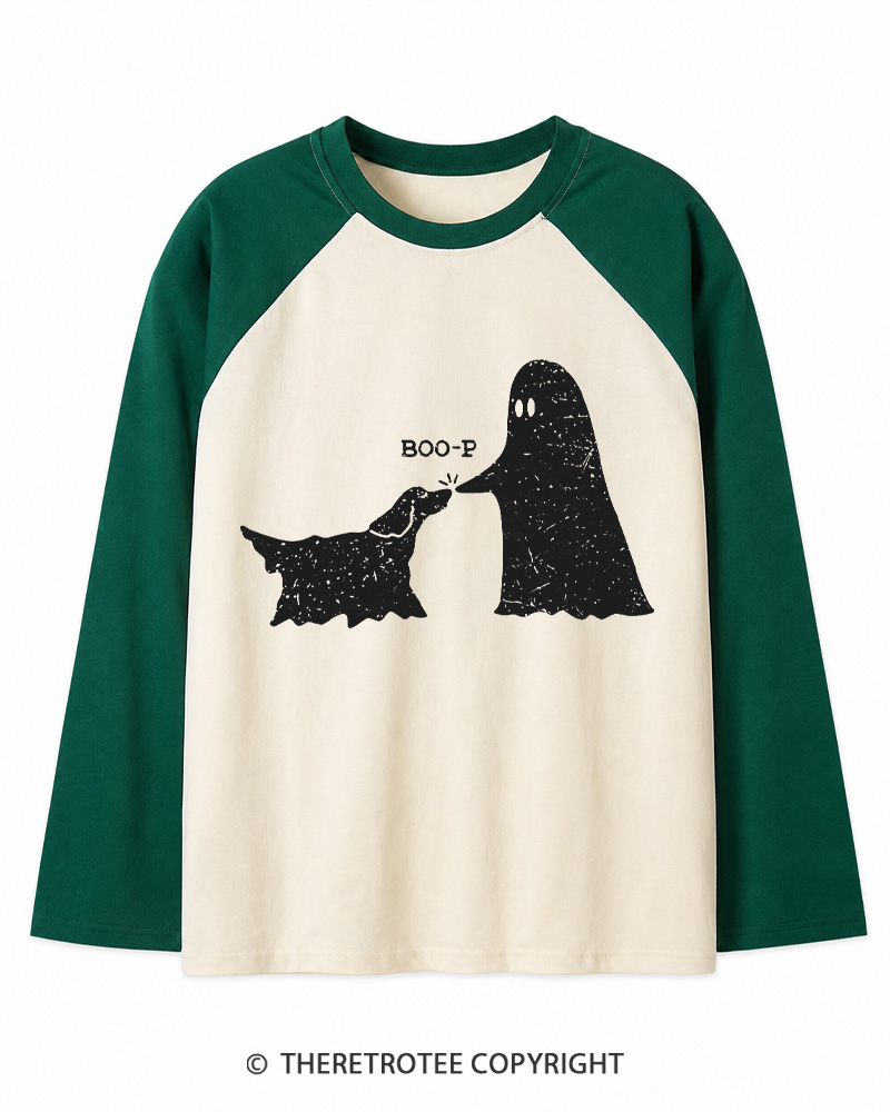 TheRetroTee Boo-p Ghost Dog Vintage Long Sleeve Raglan T-Shirt