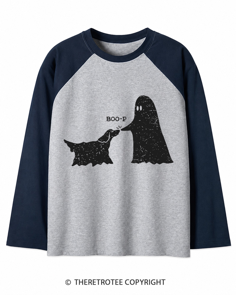TheRetroTee Boo-p Ghost Dog Vintage Long Sleeve Raglan T-Shirt