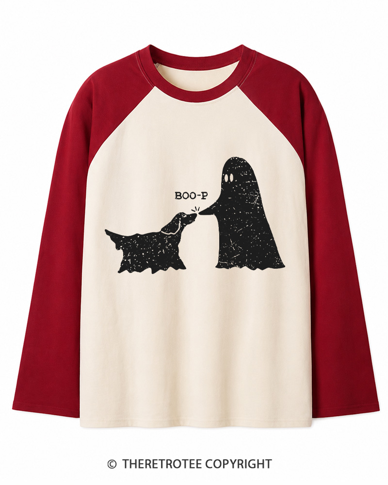 TheRetroTee Boo-p Ghost Dog Vintage Long Sleeve Raglan T-Shirt