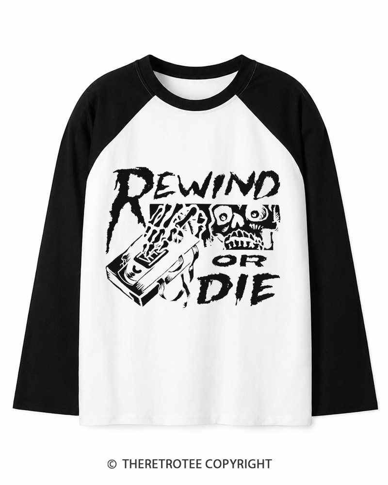 TheRetroTee Rewind Or Die 1980s Long Sleeve Raglan T-Shirt