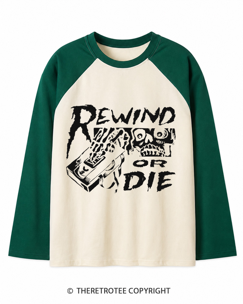 TheRetroTee Rewind Or Die 1980s Long Sleeve Raglan T-Shirt
