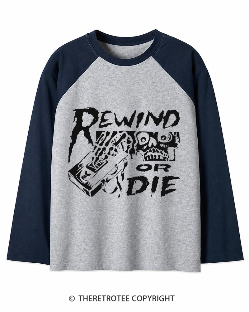 TheRetroTee Rewind Or Die 1980s Long Sleeve Raglan T-Shirt