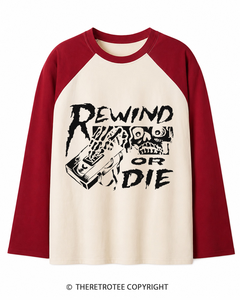 TheRetroTee Rewind Or Die 1980s Long Sleeve Raglan T-Shirt