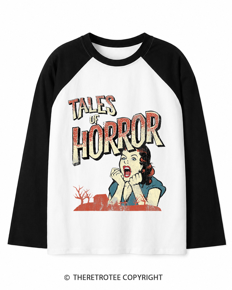 TheRetroTee Horror Movie 1950s Long Sleeve Raglan T-Shirt
