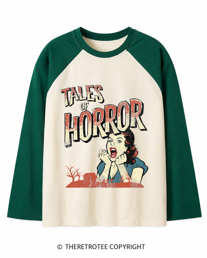 TheRetroTee Horror Movie 1950s Long Sleeve Raglan T-Shirt