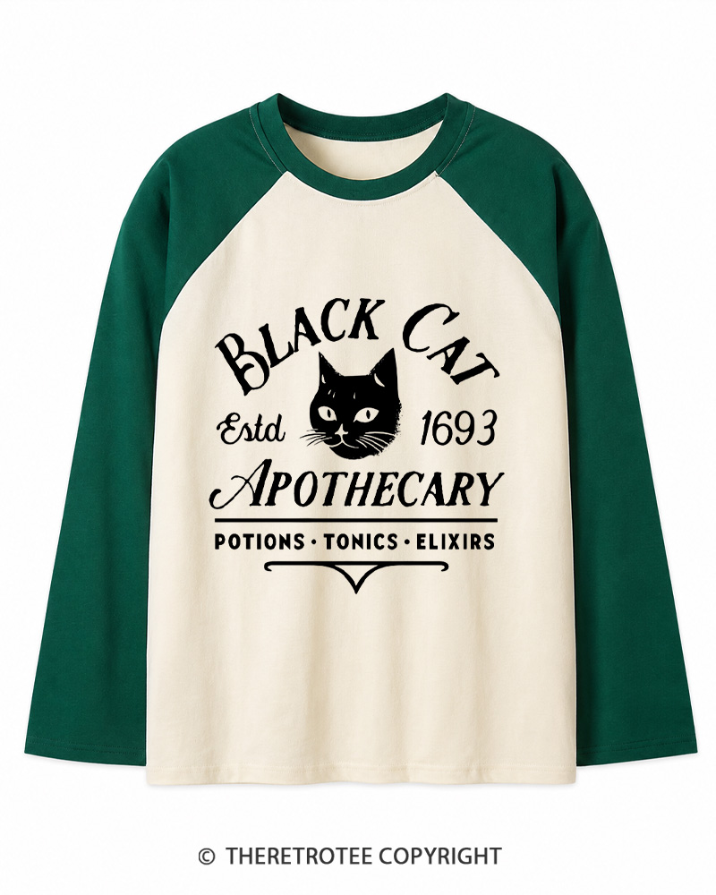 TheRetroTee Black Cat Apothecary Vintage Long Sleeve Raglan T-Shirt
