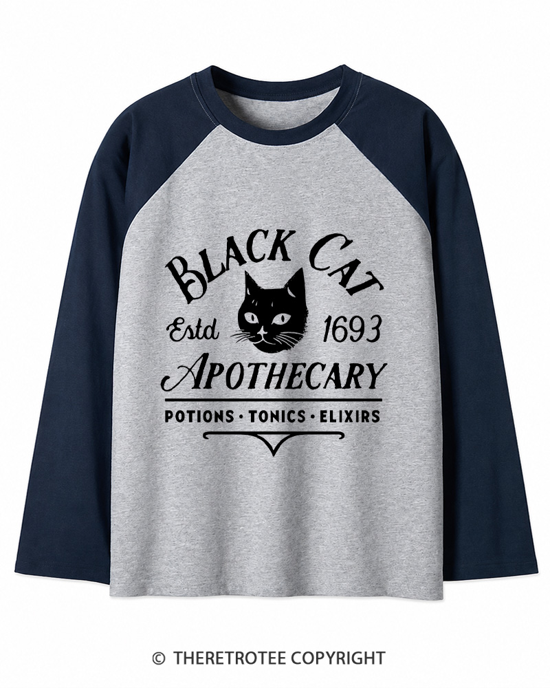 TheRetroTee Black Cat Apothecary Vintage Long Sleeve Raglan T-Shirt