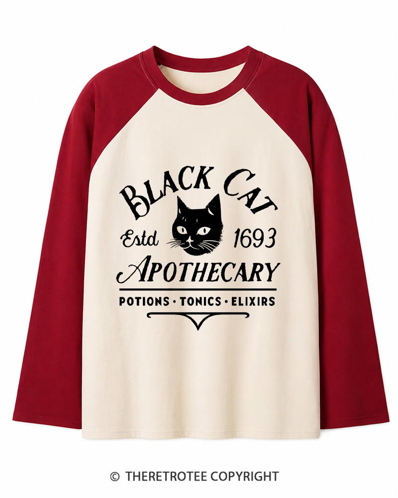 TheRetroTee Black Cat Apothecary Vintage Long Sleeve Raglan T-Shirt