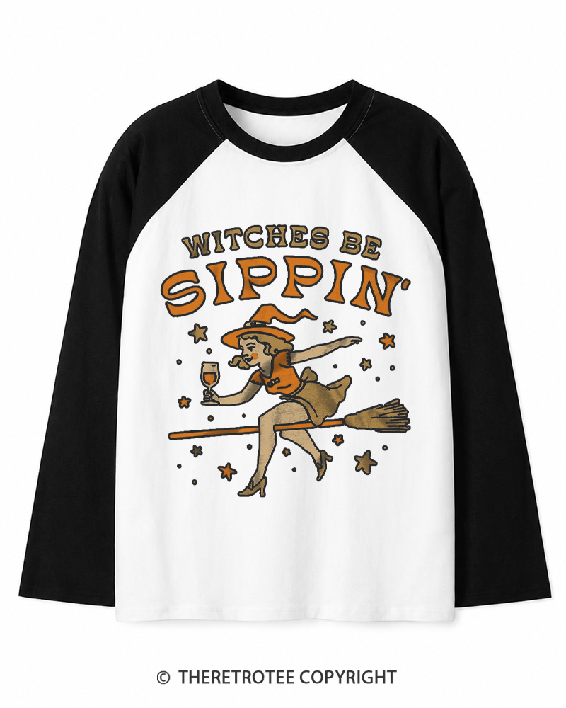 TheRetroTee Witches Be Sippin 1950s Long Sleeve Raglan T-Shirt