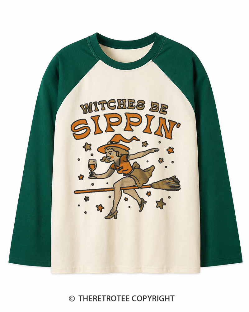 TheRetroTee Witches Be Sippin 1950s Long Sleeve Raglan T-Shirt