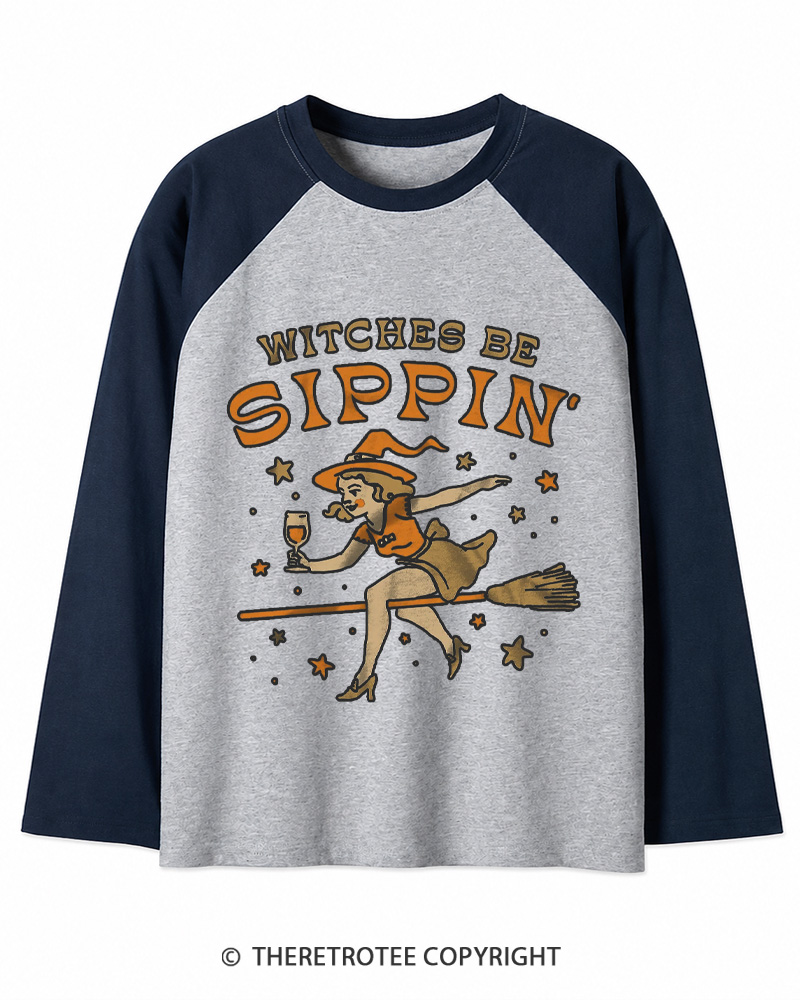 TheRetroTee Witches Be Sippin 1950s Long Sleeve Raglan T-Shirt