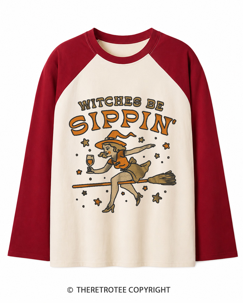 TheRetroTee Witches Be Sippin 1950s Long Sleeve Raglan T-Shirt