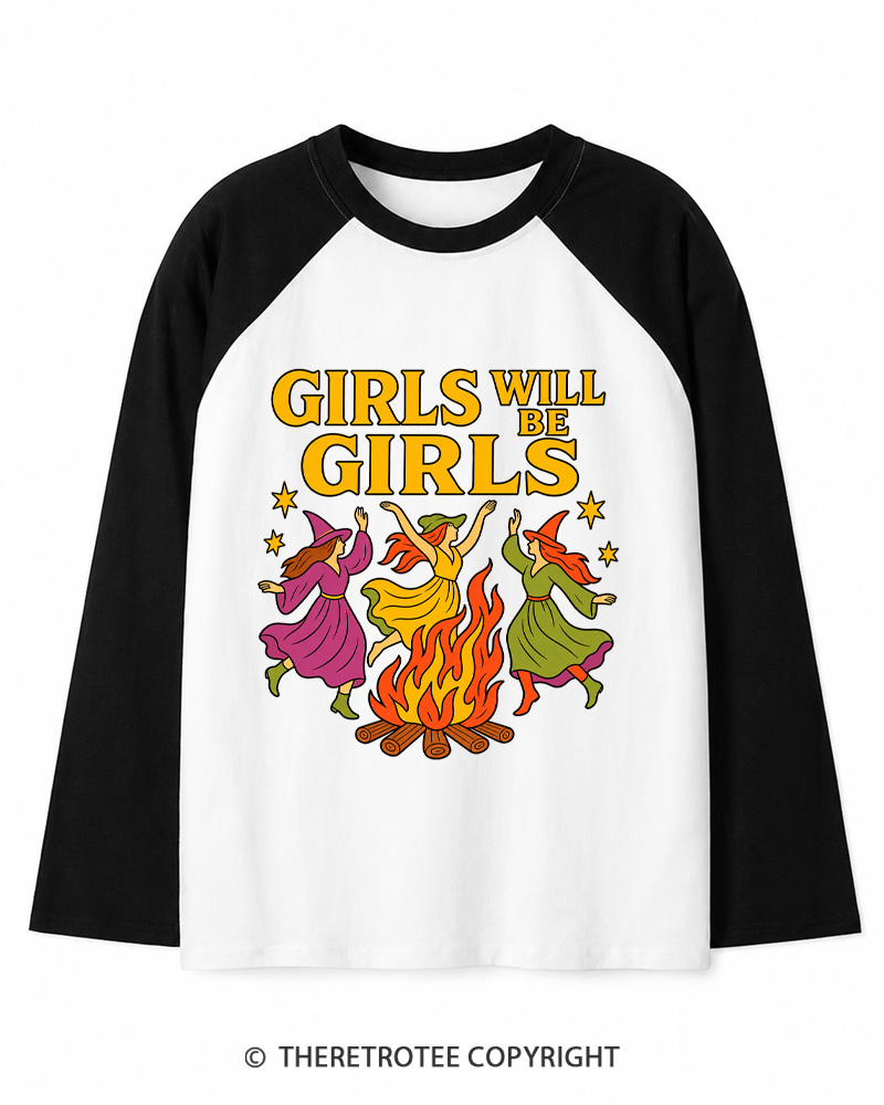TheRetroTee Girls Will Be Girls 1970s Long Sleeve Raglan T-Shirt