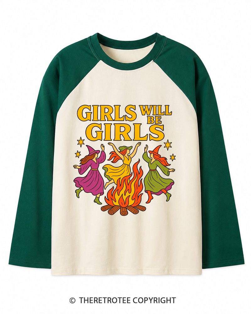 TheRetroTee Girls Will Be Girls 1970s Long Sleeve Raglan T-Shirt