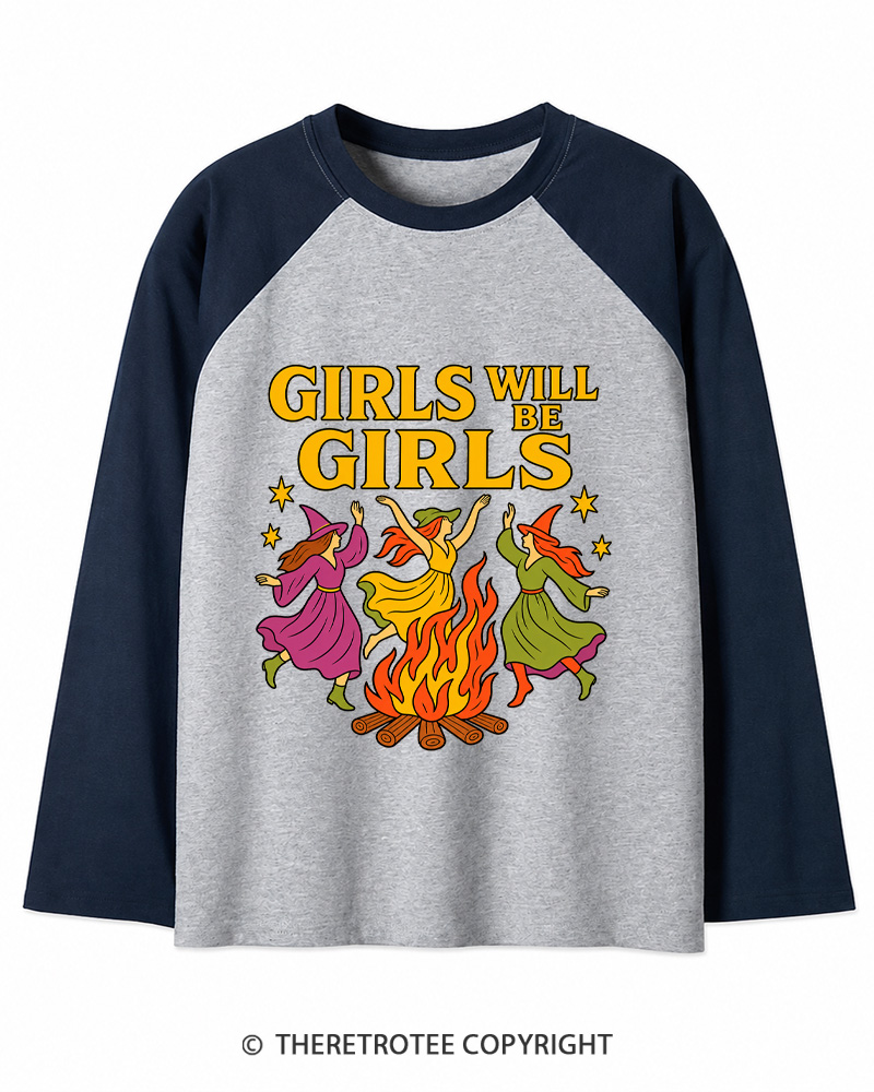 TheRetroTee Girls Will Be Girls 1970s Long Sleeve Raglan T-Shirt