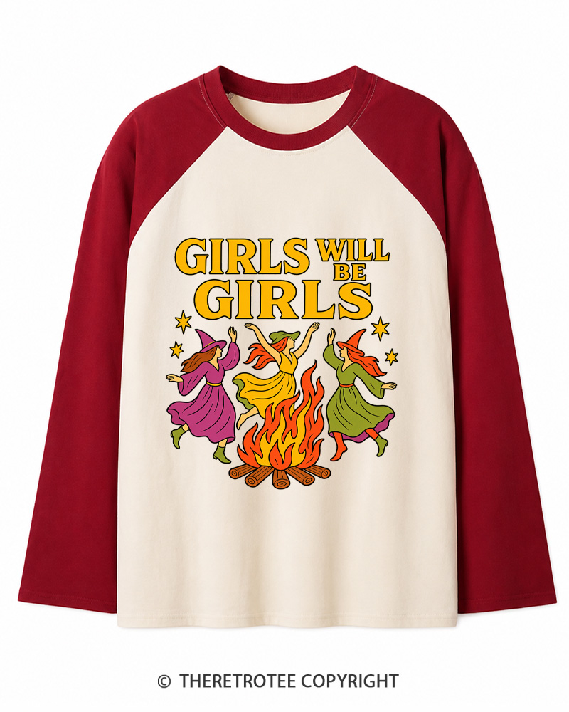 TheRetroTee Girls Will Be Girls 1970s Long Sleeve Raglan T-Shirt