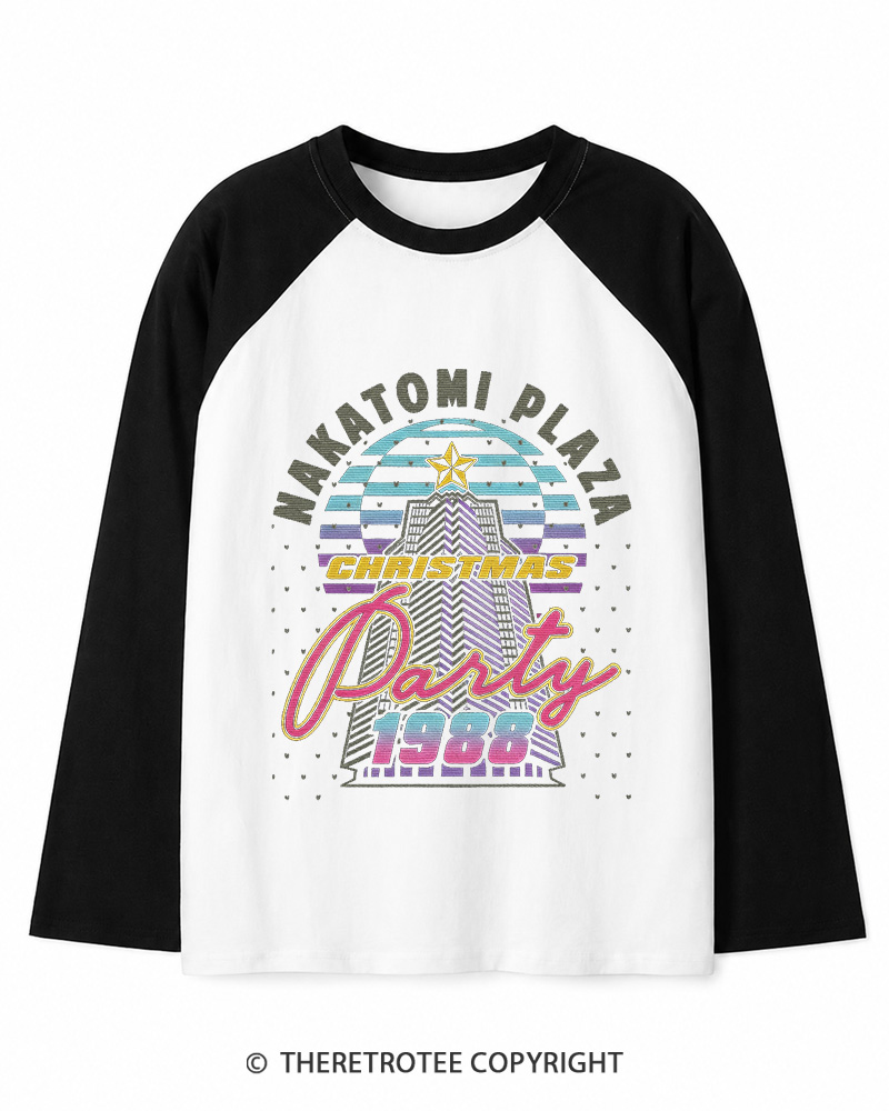 TheRetroTee Nakatomi Plaza 1980s Christmas Long Sleeve Raglan T-Shirt