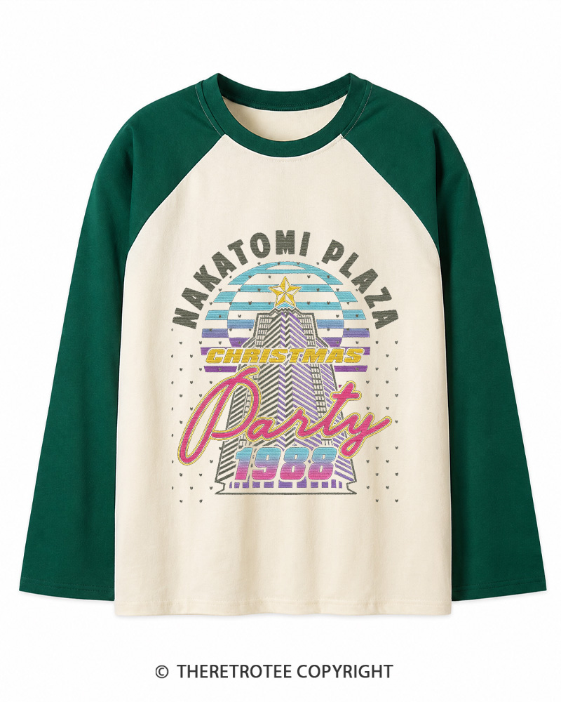 TheRetroTee Nakatomi Plaza 1980s Christmas Long Sleeve Raglan T-Shirt