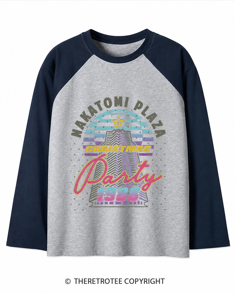 TheRetroTee Nakatomi Plaza 1980s Christmas Long Sleeve Raglan T-Shirt