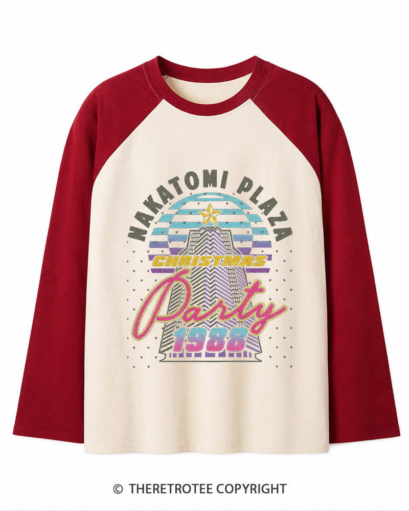TheRetroTee Nakatomi Plaza 1980s Christmas Long Sleeve Raglan T-Shirt