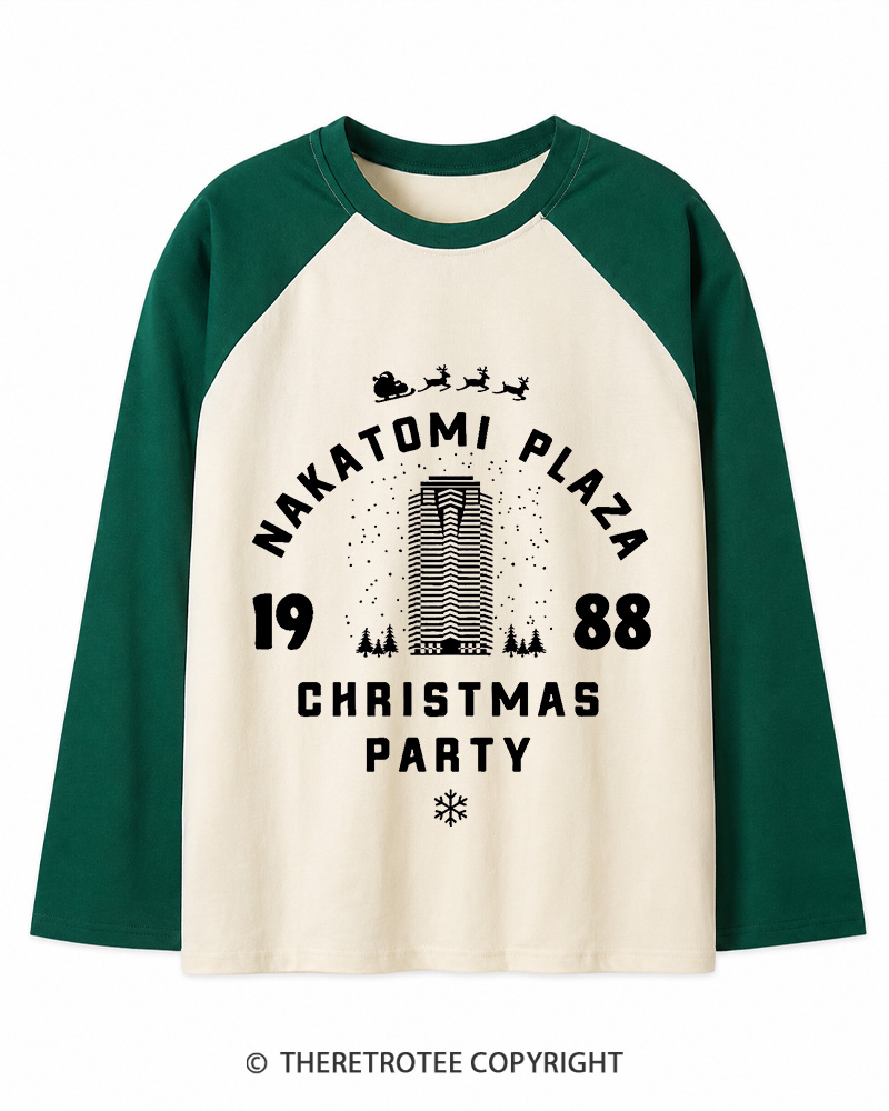 TheRetroTee Nakatomi Plaza Christmas Party 1980s Christmas Long Sleeve Raglan T-Shirt